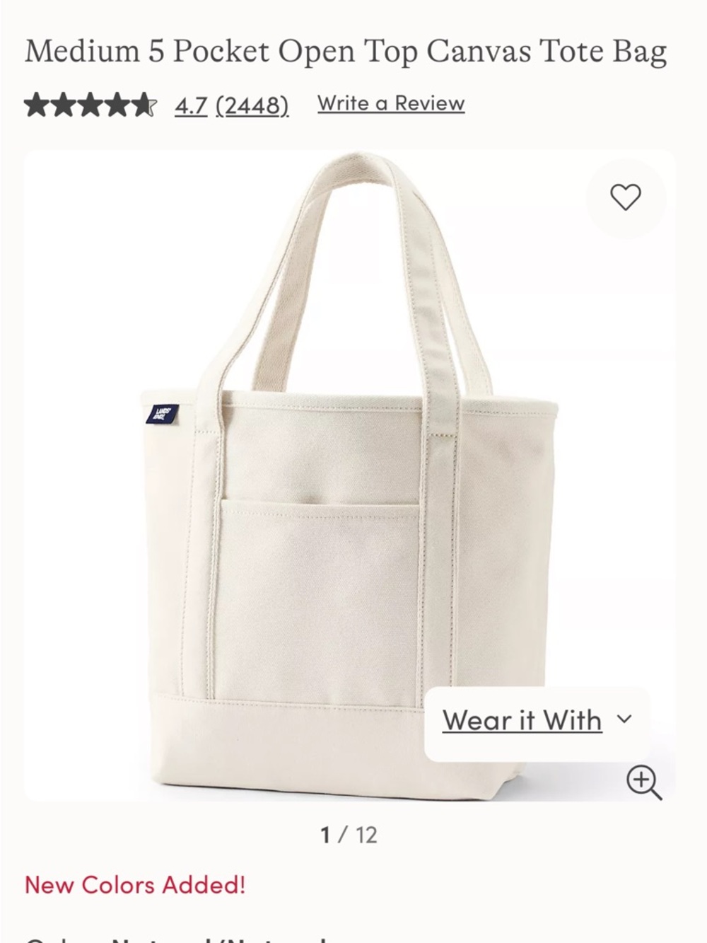 Lands' End Natural Canvas Tote with Front Pocket